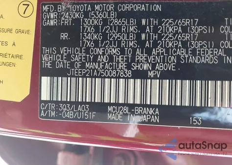 2005 Toyota Highlander Limited V6 z USA, uszkodzony, nr VIN JTEEP21A750087838